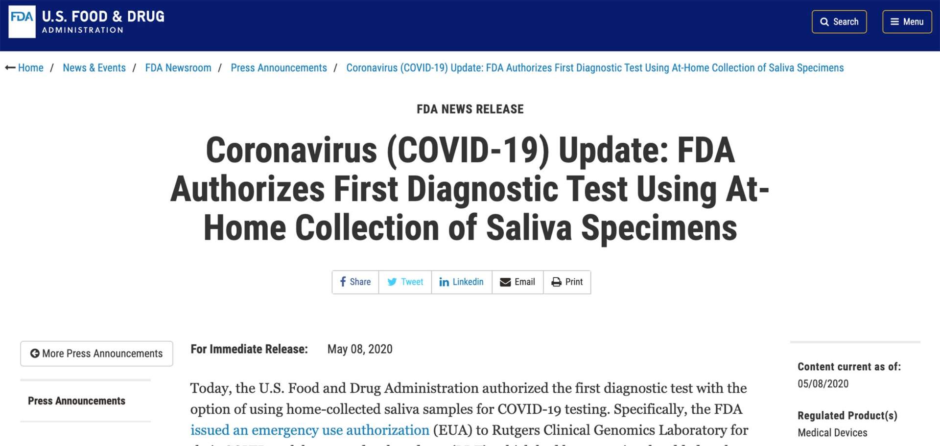 FDA Expands EUA Approval for at-home saliva collection in COVID-19 Testing