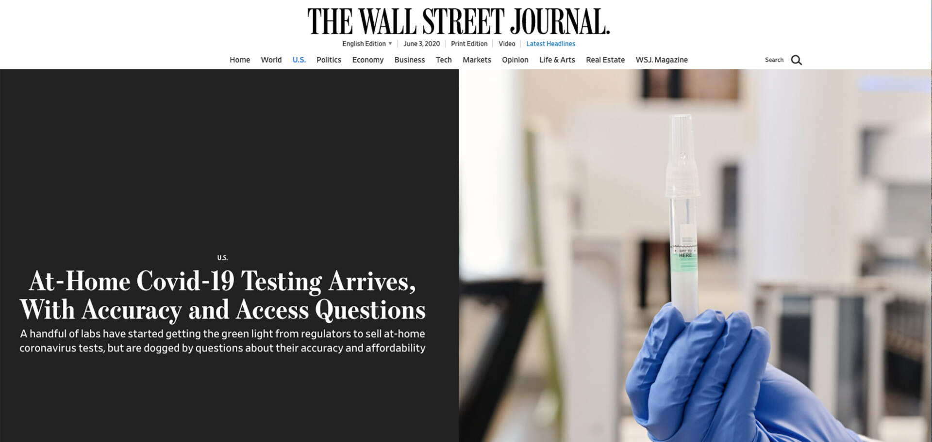 THE WALL STREET JOURNAL-At-Home COVID-19 Testing Arrives With Questions