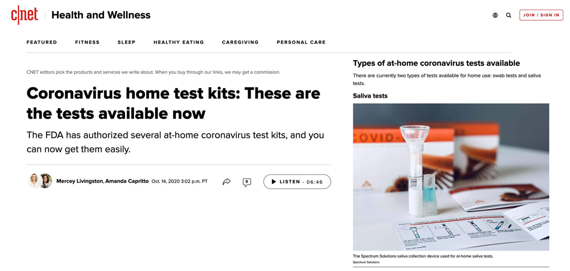 CNET-Coronavirus Home Test Kits-Spectrum Solutions
