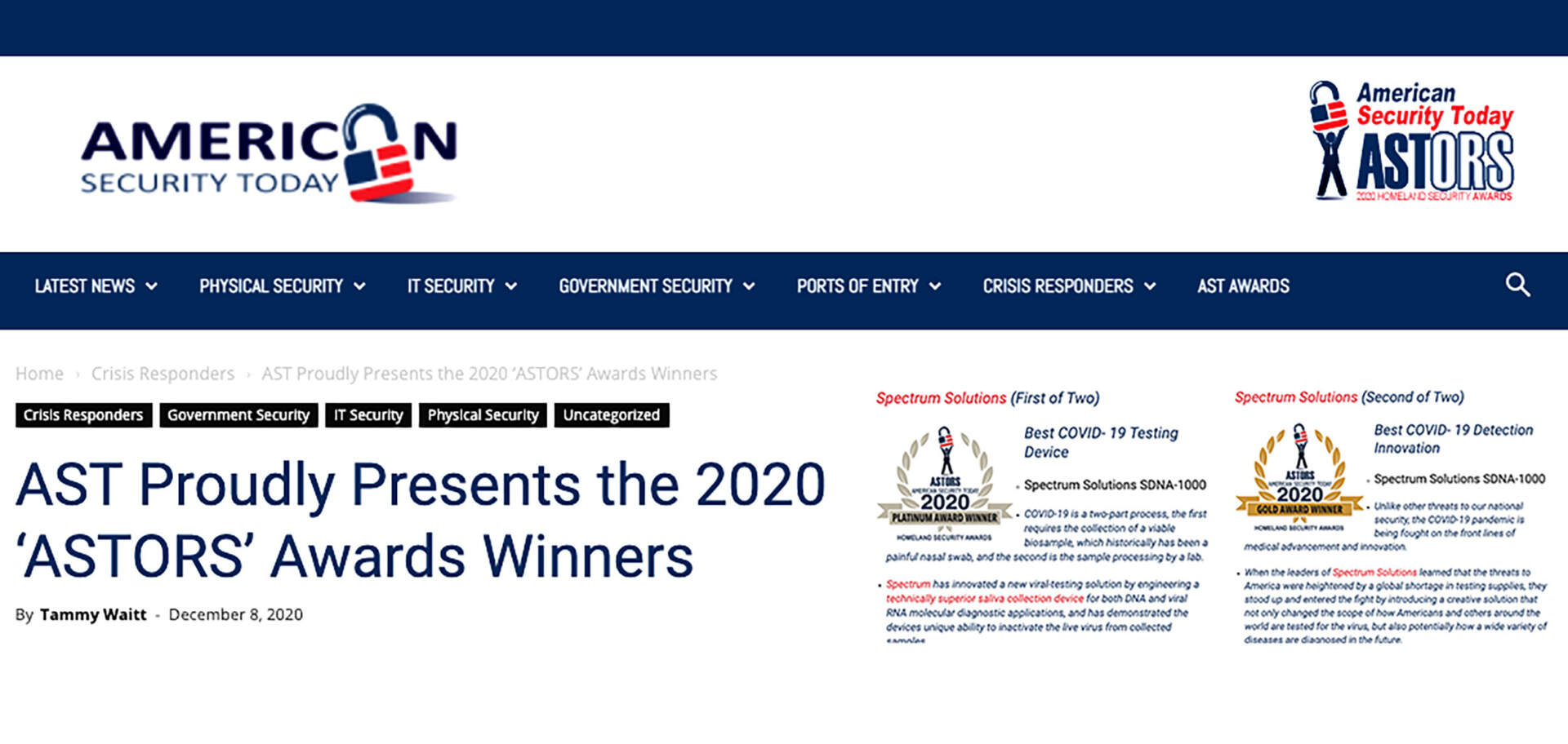 2020 Homeland Security ASTORS Awards Announced