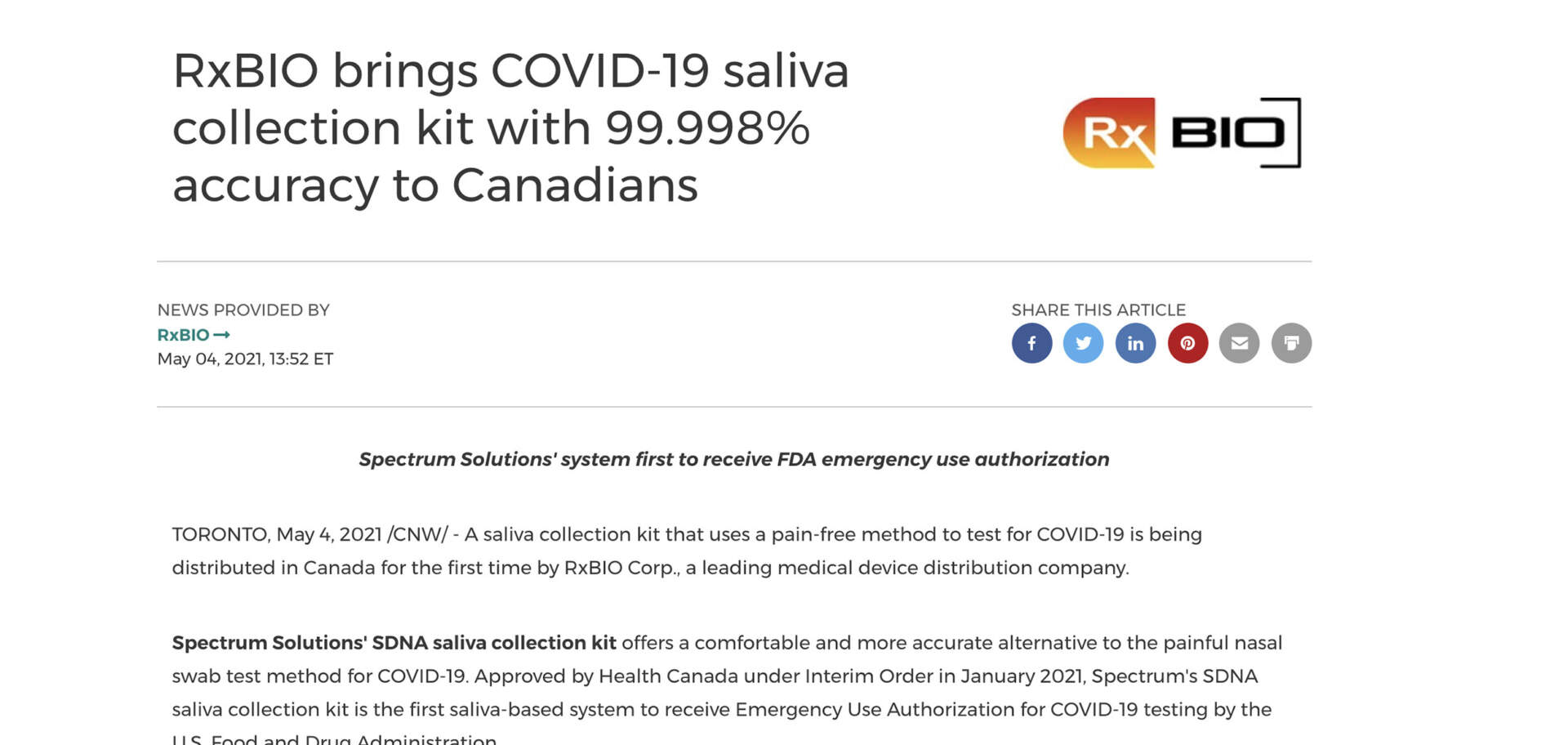 RXBIO BRINGS SPECTRUM SOLUTION SALIVA COLLECTION SYSTEM FOR COVID TESTING TO CANADA
